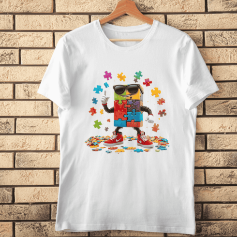 Colorful Jigsaw Character Art with Sneakers T-Shirt Design cover image.