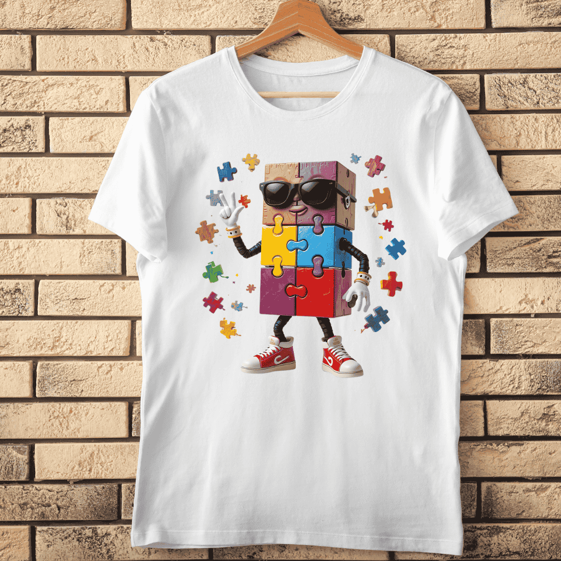 Puzzle Piece Character with Sunglasses T-Shirt Design cover image.