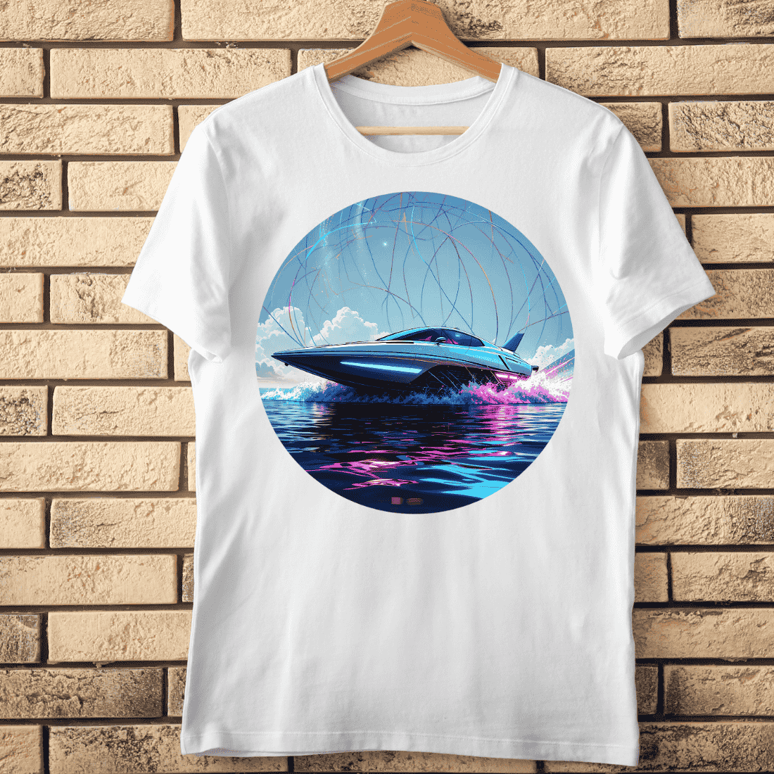 Futuristic Speedboat in Circle T-Shirt Design cover image.