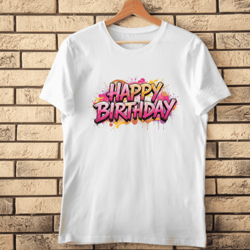 Colorful Birthday Typography with Splatter Effect T-Shirt Design cover image.