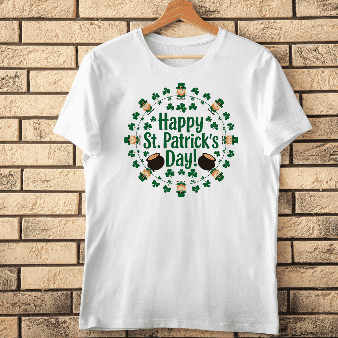 Happy St Patrick's Day Leprechaun, Shamrock, and Gold Wreath T-shirt Design cover image.