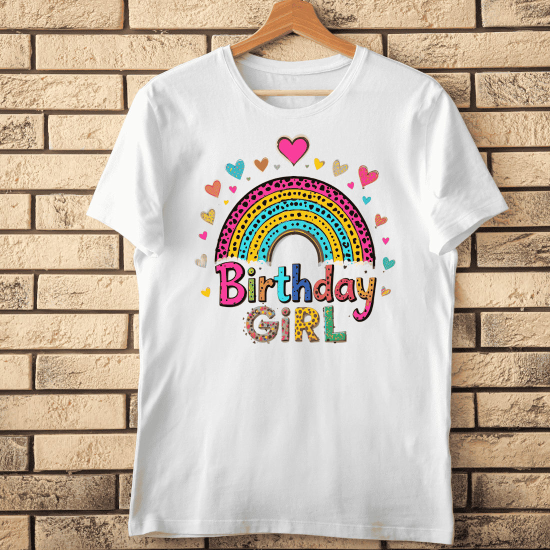 Whimsical Birthday Girl with Rainbow T-Shirt Design cover image.