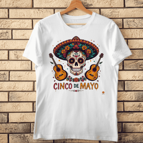 Festive Cinco de Mayo Skull and Guitars T-Shirt Design cover image.