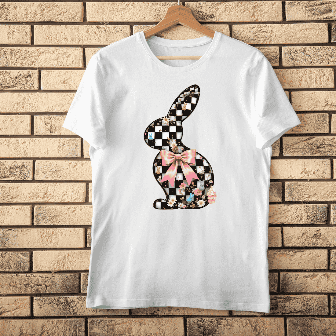 Checkered Bunny with Bow T-Shirt Design cover image.