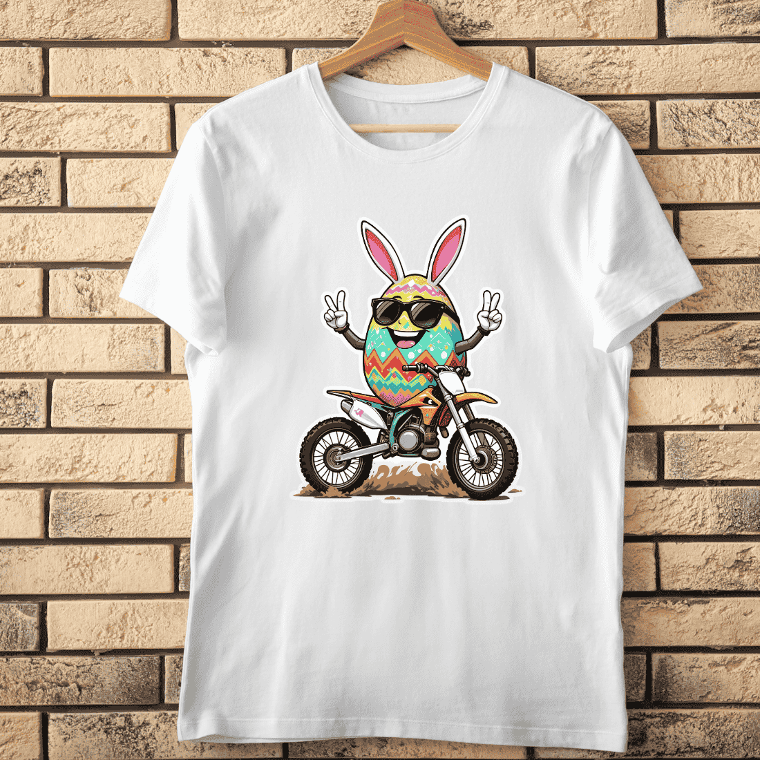 Egg Bunny on Motorbike T-shirt Design cover image.