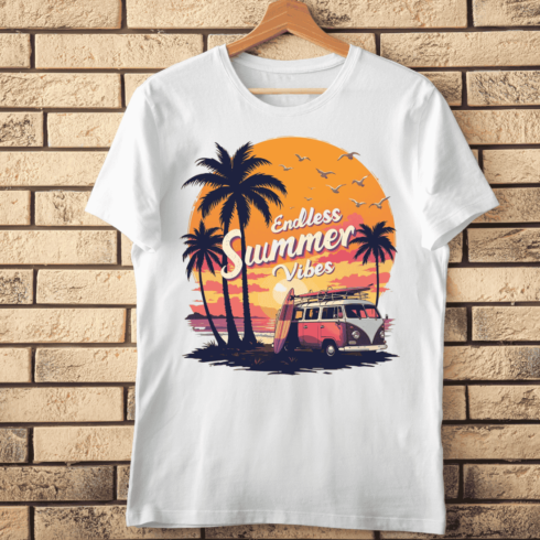 Tropical Sunset with Palm Trees and Van T-Shirt Design cover image.