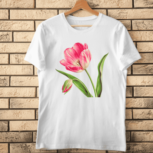 Pink Tulip flower with leaves and stem T-Shirt Design cover image.