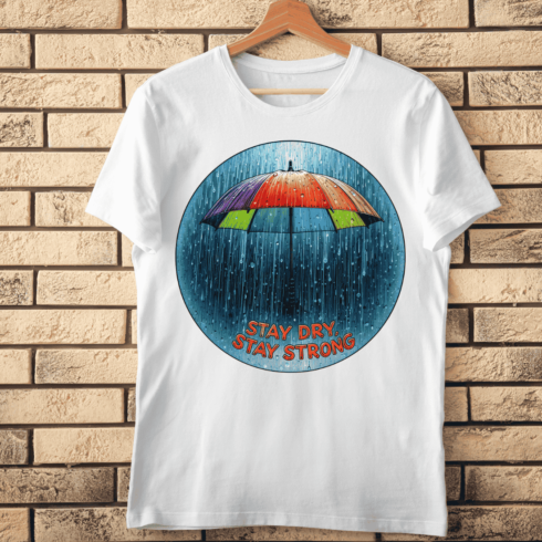 Colorful Umbrella in Rain Stay Strong Quote T-Shirt Design cover image.