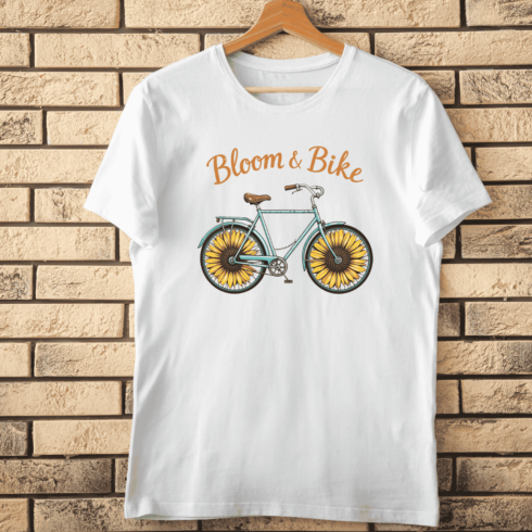 Bloom & Bike Vintage Bicycle with Sunflower Wheels T-shirt Design cover image.