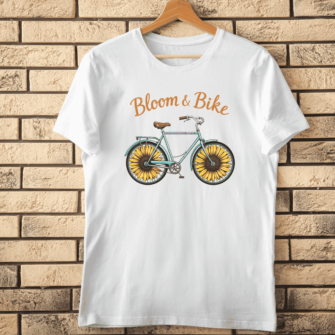 Bloom & Bike Vintage Bicycle with Sunflower Wheels T-shirt Design cover image.