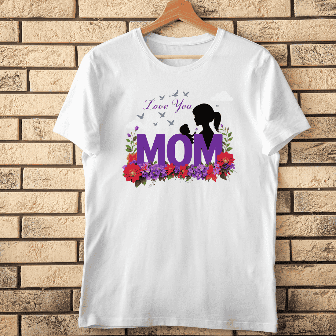 Silhouette with Floral Wreath and Love You Mom T-shirt Design cover image.