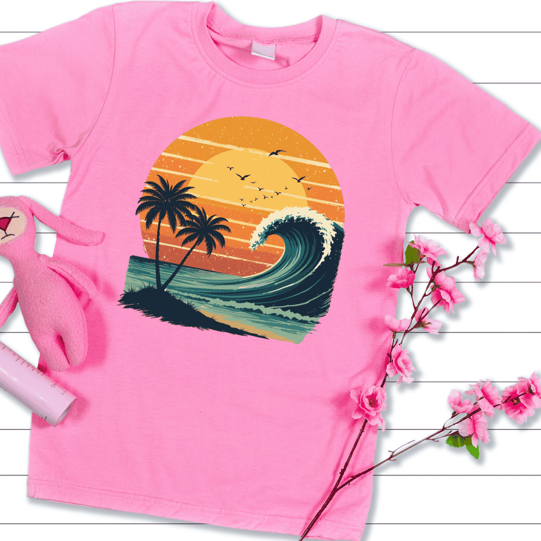 Sunset with Wave and Palms T-shirt Design preview image.