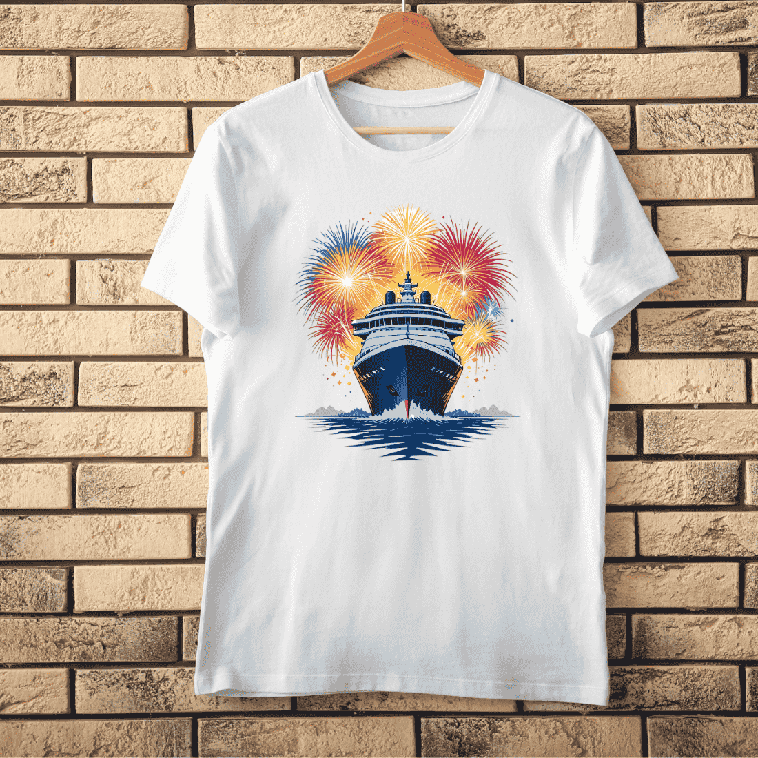 Cruise Ship with Bursting Fireworks T-shirt Design preview image.