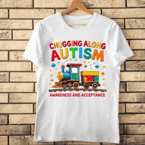 Autism Awareness Train with Puzzle Pieces T-Shirt Design cover image.