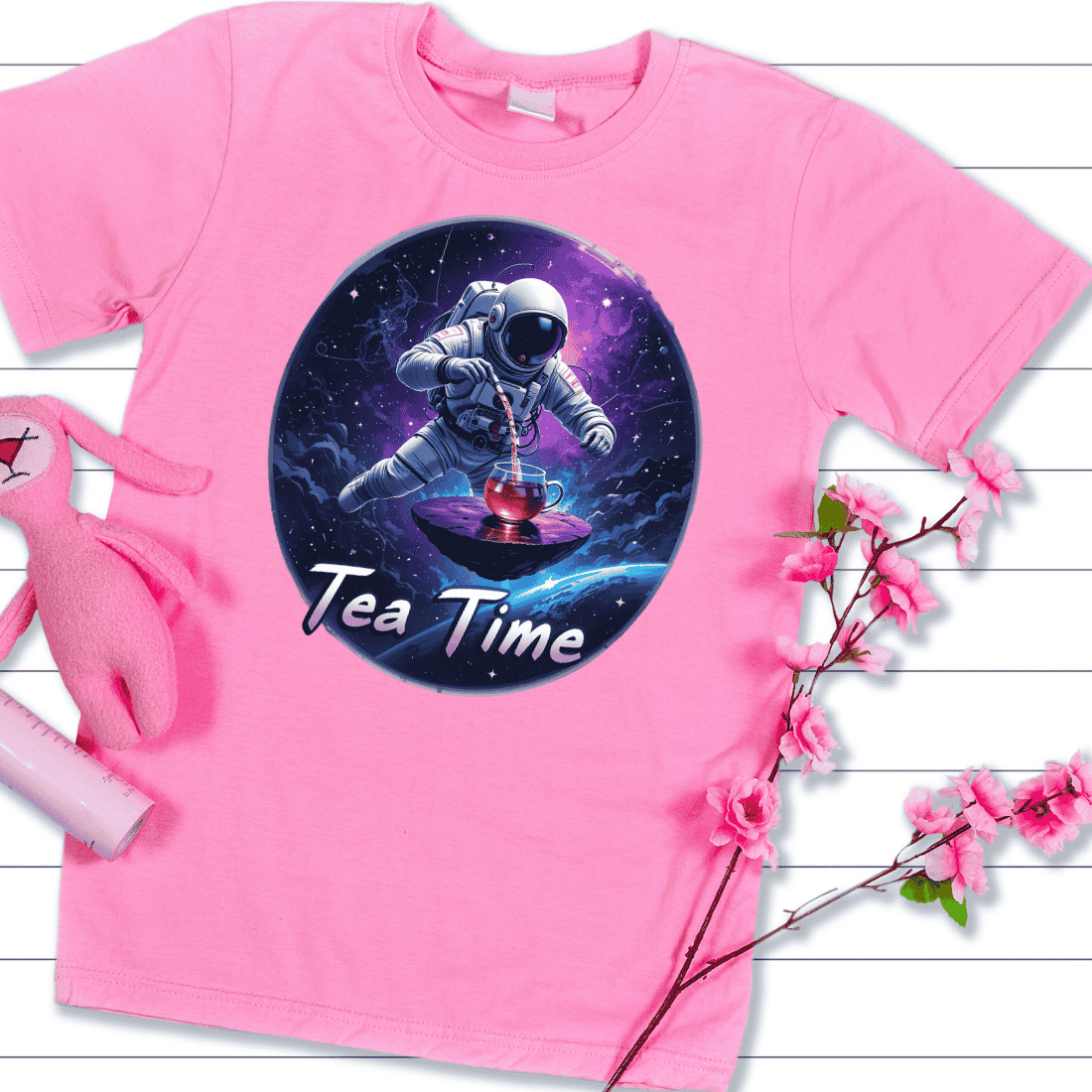 Astronaut Tea Time in Space T-shirt Design preview image.