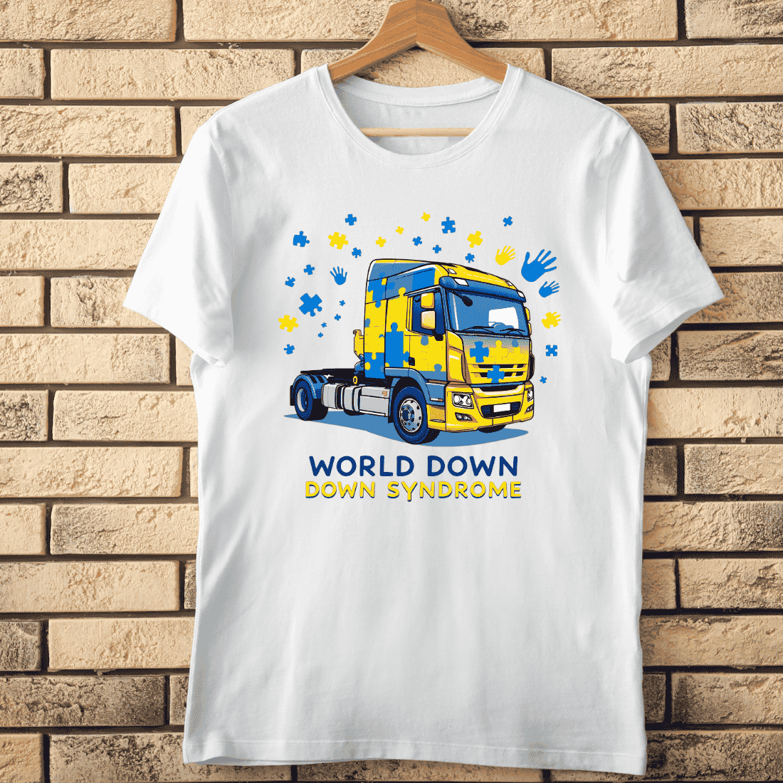 Down Syndrome Awareness with Puzzle Pieces and Truck T-Shirt Design cover image.