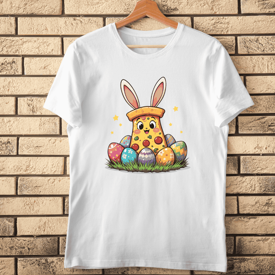 Pizza Slice with Rabbit Ears and Eggs T-Shirt Design cover image.