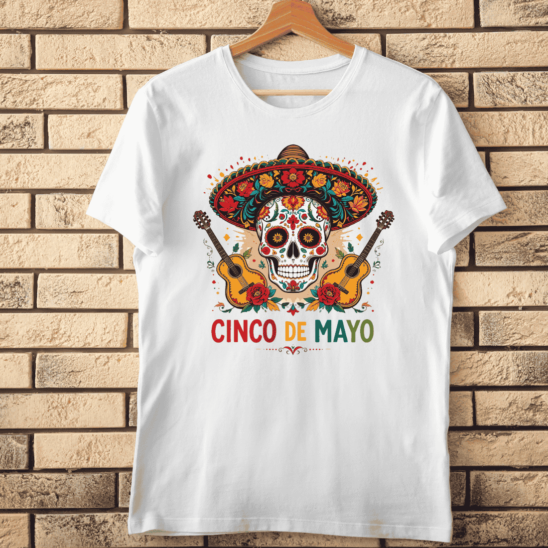 Cinco de Mayo Skull with Sombrero and Guitars T-Shirt Design cover image.