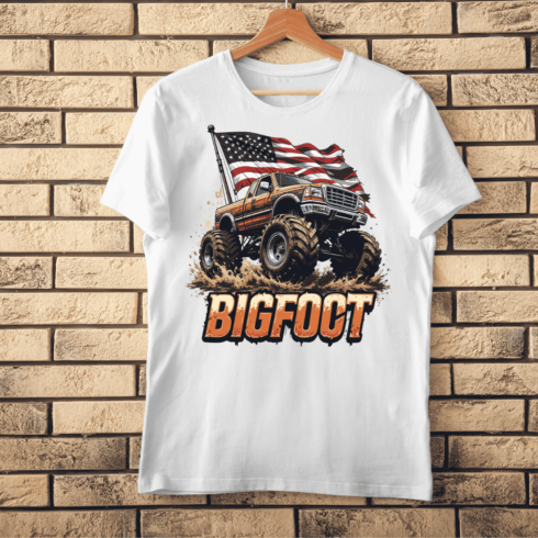 Bigfoot Monster Truck American Flag T-Shirt Design cover image.