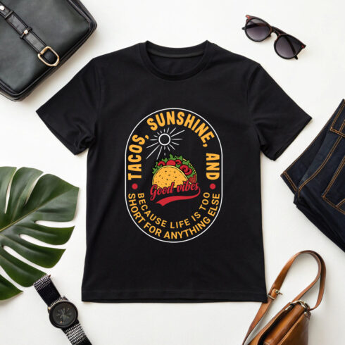 Tacos, sunshine, and good vibes retro typography design for t-shirts and summer merchandise cover image.