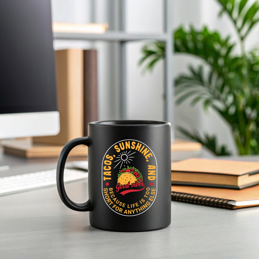 tacos sunshine and good vibes retro typography design for t shirts and summer merchandise 2 black mug mock up 104