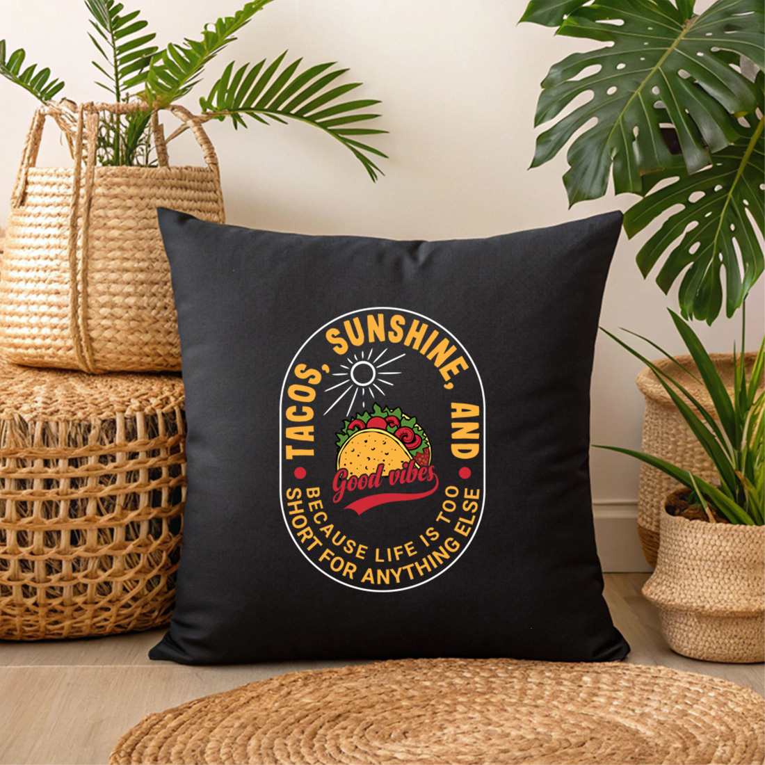 tacos sunshine and good vibes retro typography design for t shirts and summer merchandise 3 black pillow mock up 782