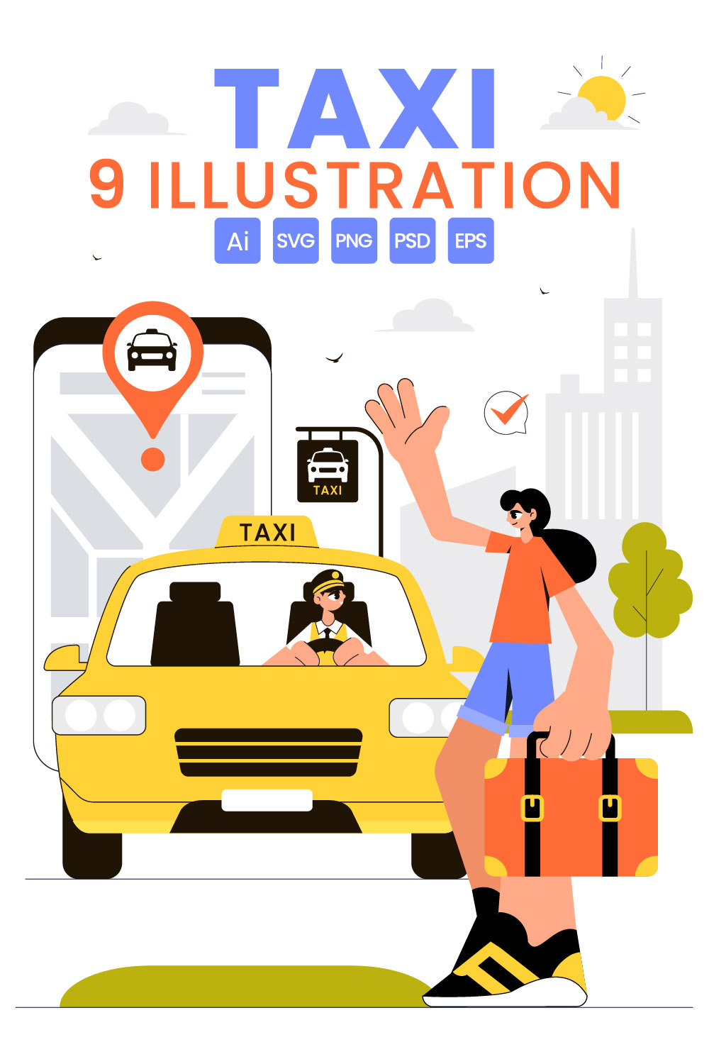 9 Taxi Booking Travel Service Illustration pinterest preview image.