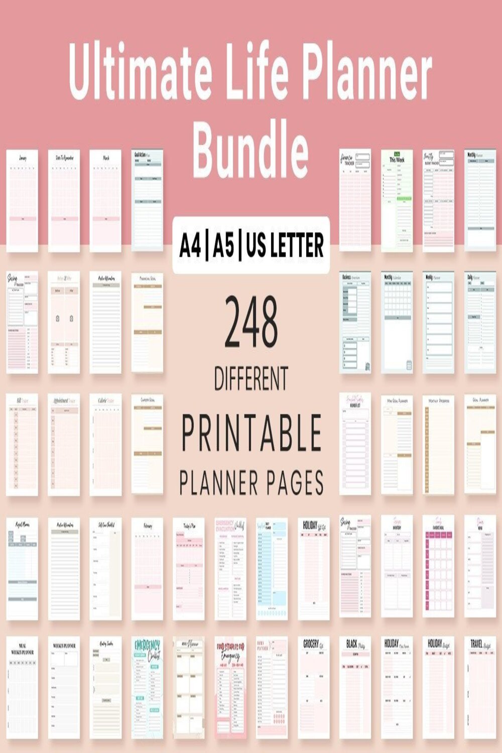 all-in-one printable life planner bundle designed to bring order, clarity, and sophistication to your life pinterest preview image.