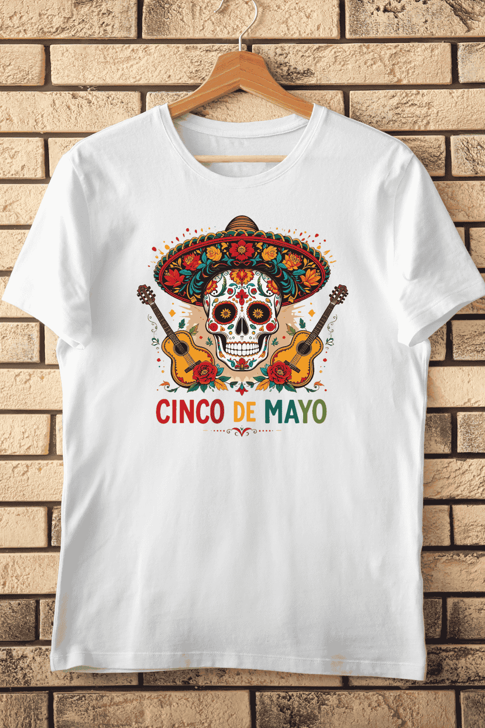 Cinco de Mayo Skull with Sombrero and Guitars T-Shirt Design pinterest preview image.