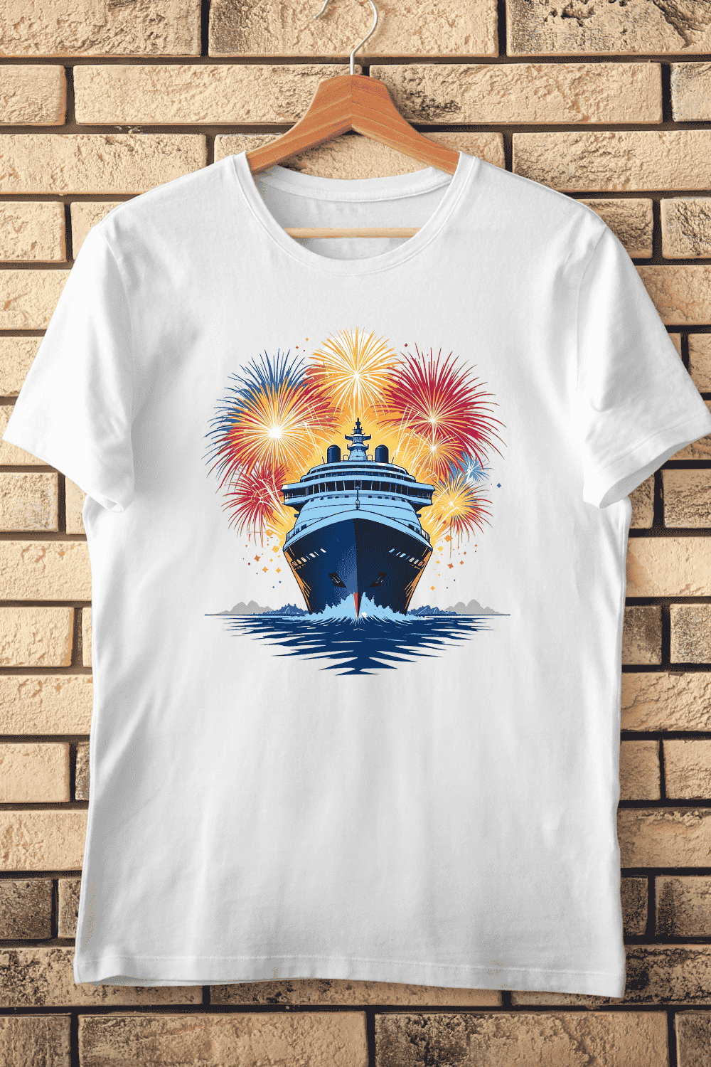 Cruise Ship with Bursting Fireworks T-shirt Design pinterest preview image.