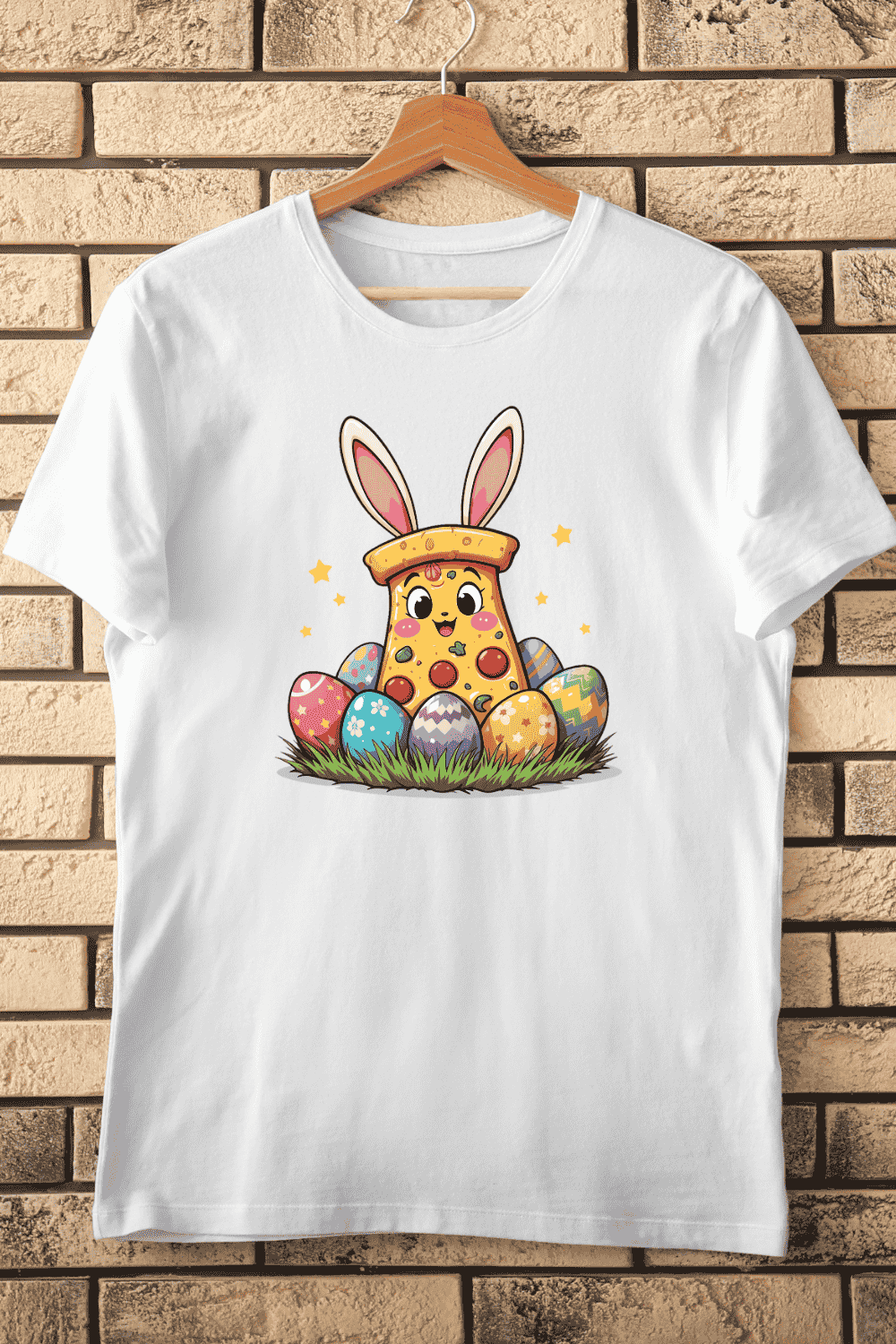 Pizza Slice with Rabbit Ears and Eggs T-Shirt Design pinterest preview image.