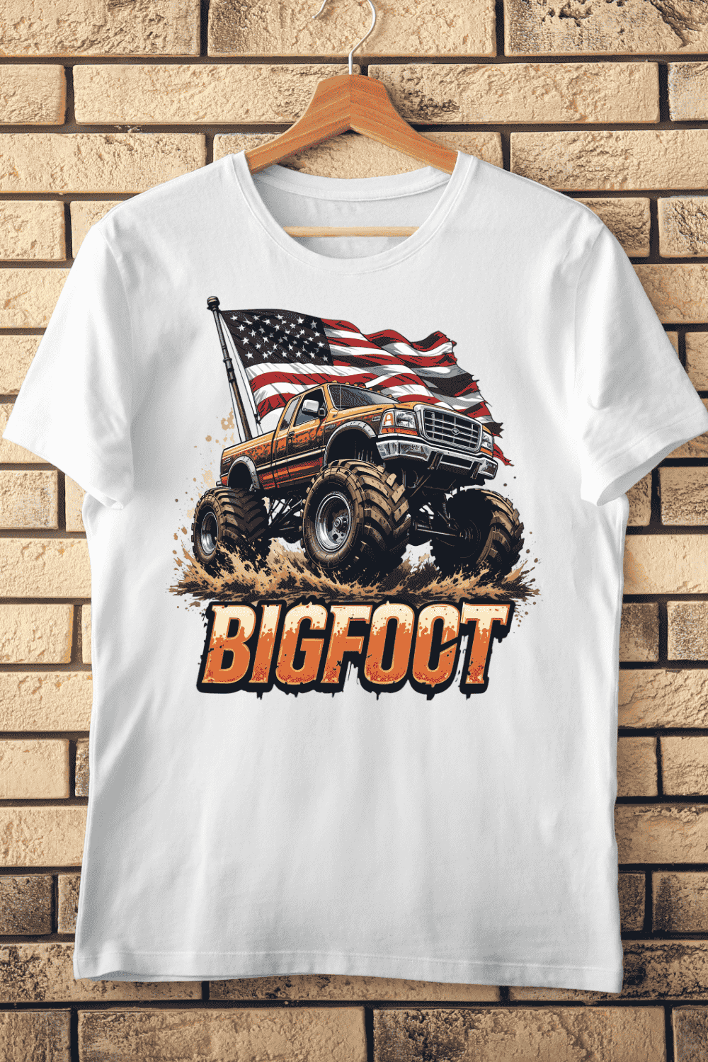 Bigfoot Monster Truck American Flag T-Shirt Design pinterest preview image.