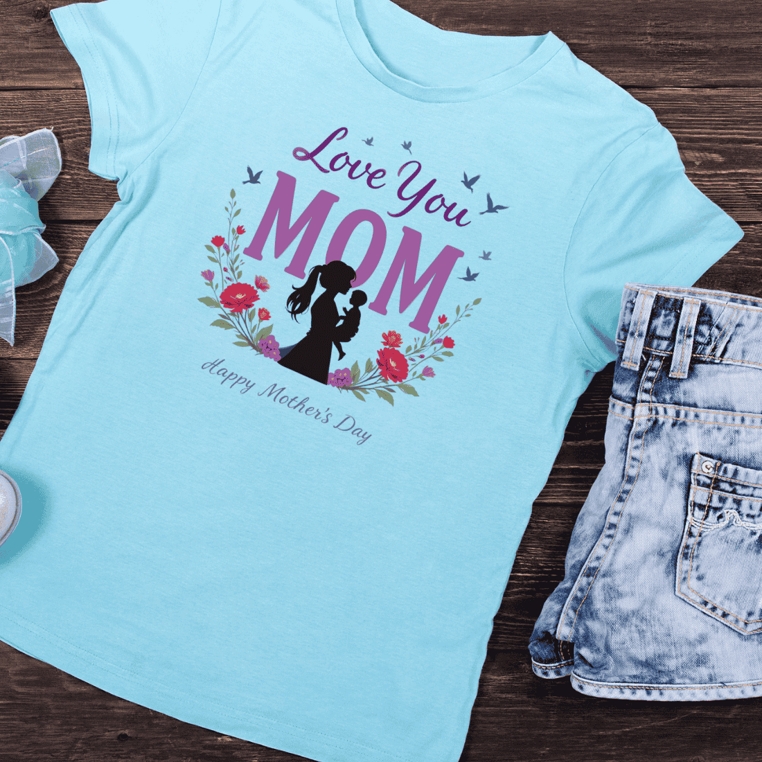 Mom Silhouette with Flowers T-shirt Design preview image.