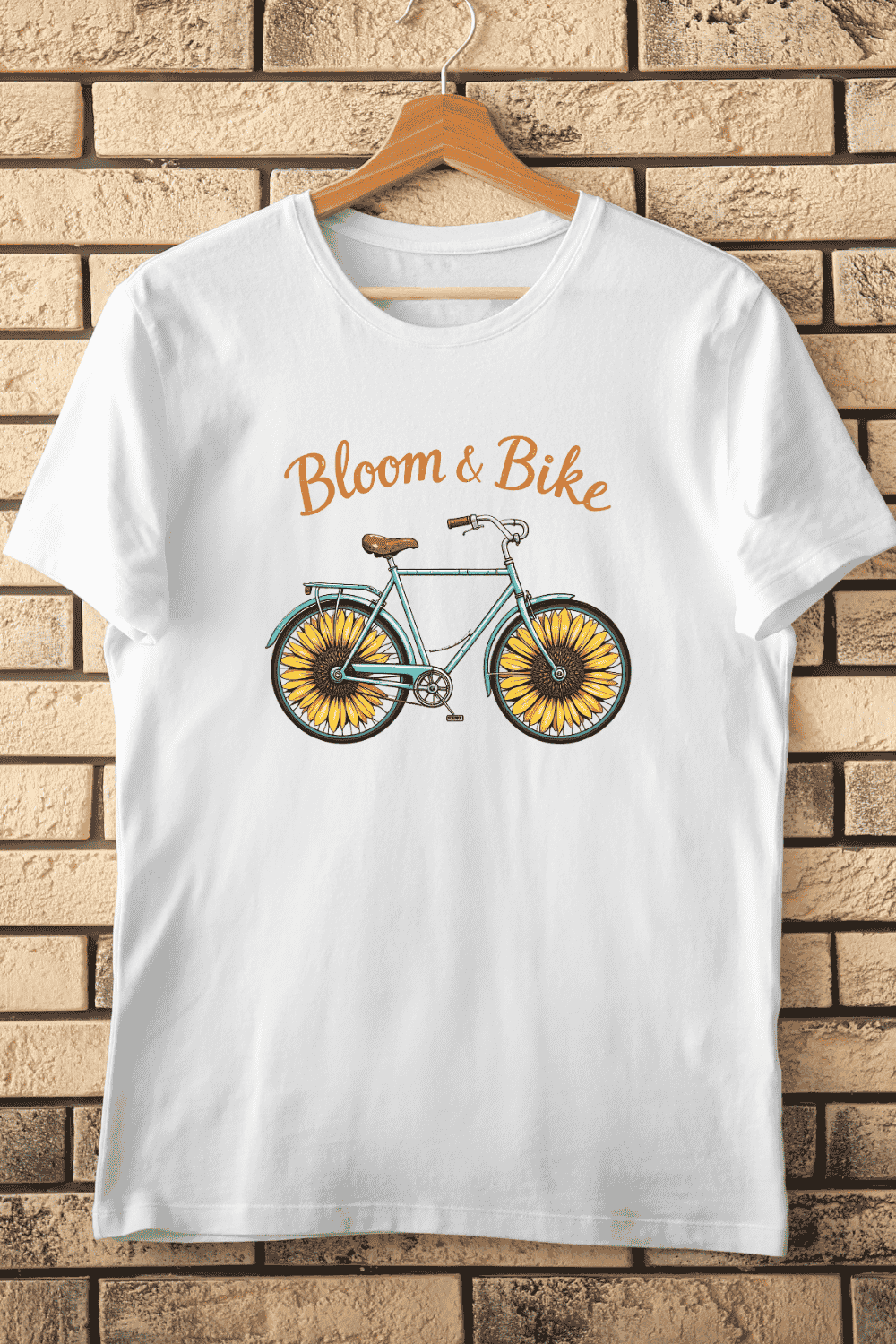 Bloom & Bike Vintage Bicycle with Sunflower Wheels T-shirt Design pinterest preview image.