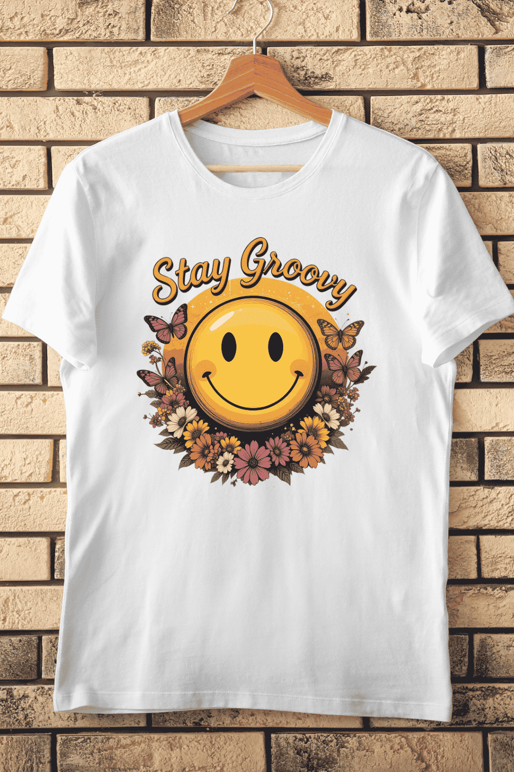 Retro Stay Groovy Smiley T-Shirt Design pinterest preview image.