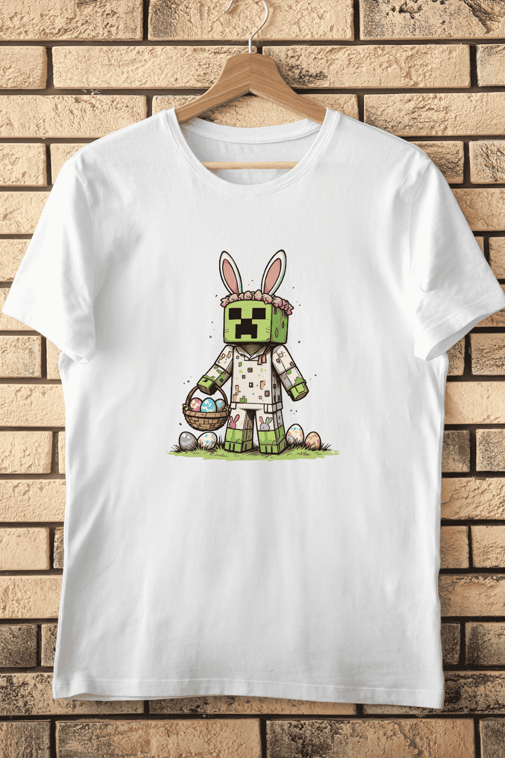 Creeper in Bunny Costume with Egg Basket T-Shirt Design pinterest preview image.