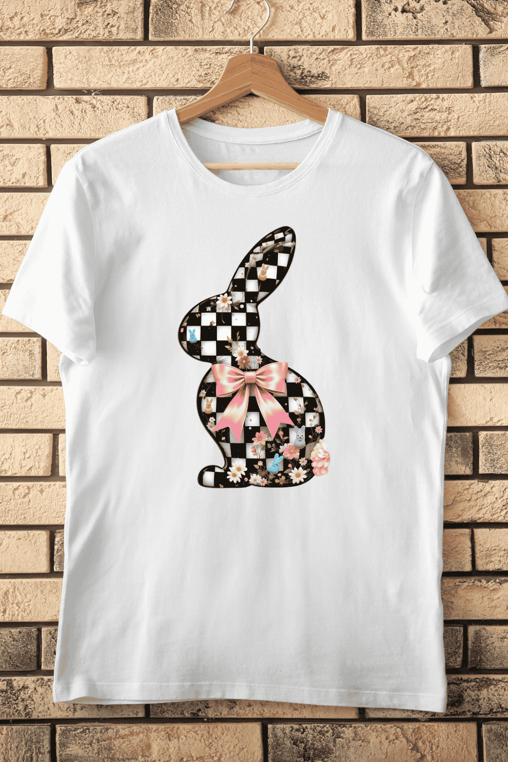 Checkered Bunny with Bow T-Shirt Design pinterest preview image.