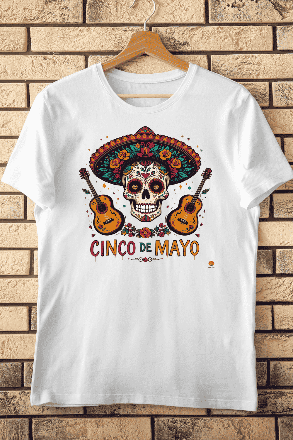 Festive Cinco de Mayo Skull and Guitars T-Shirt Design pinterest preview image.