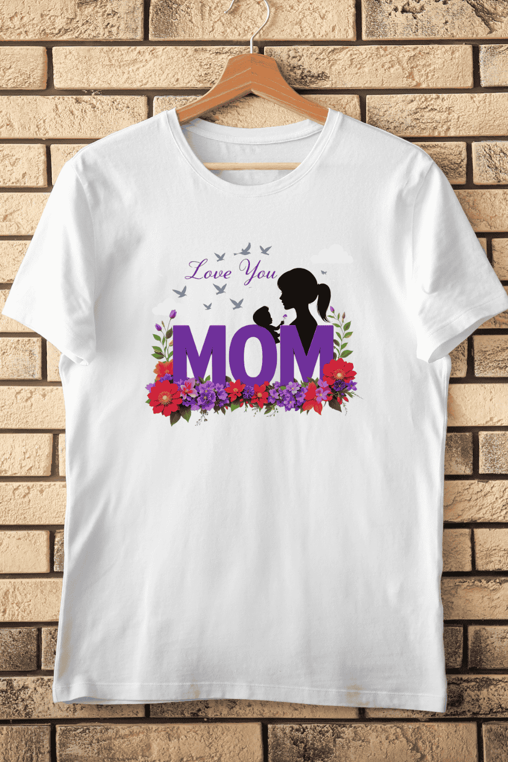 Silhouette with Floral Wreath and Love You Mom T-shirt Design pinterest preview image.