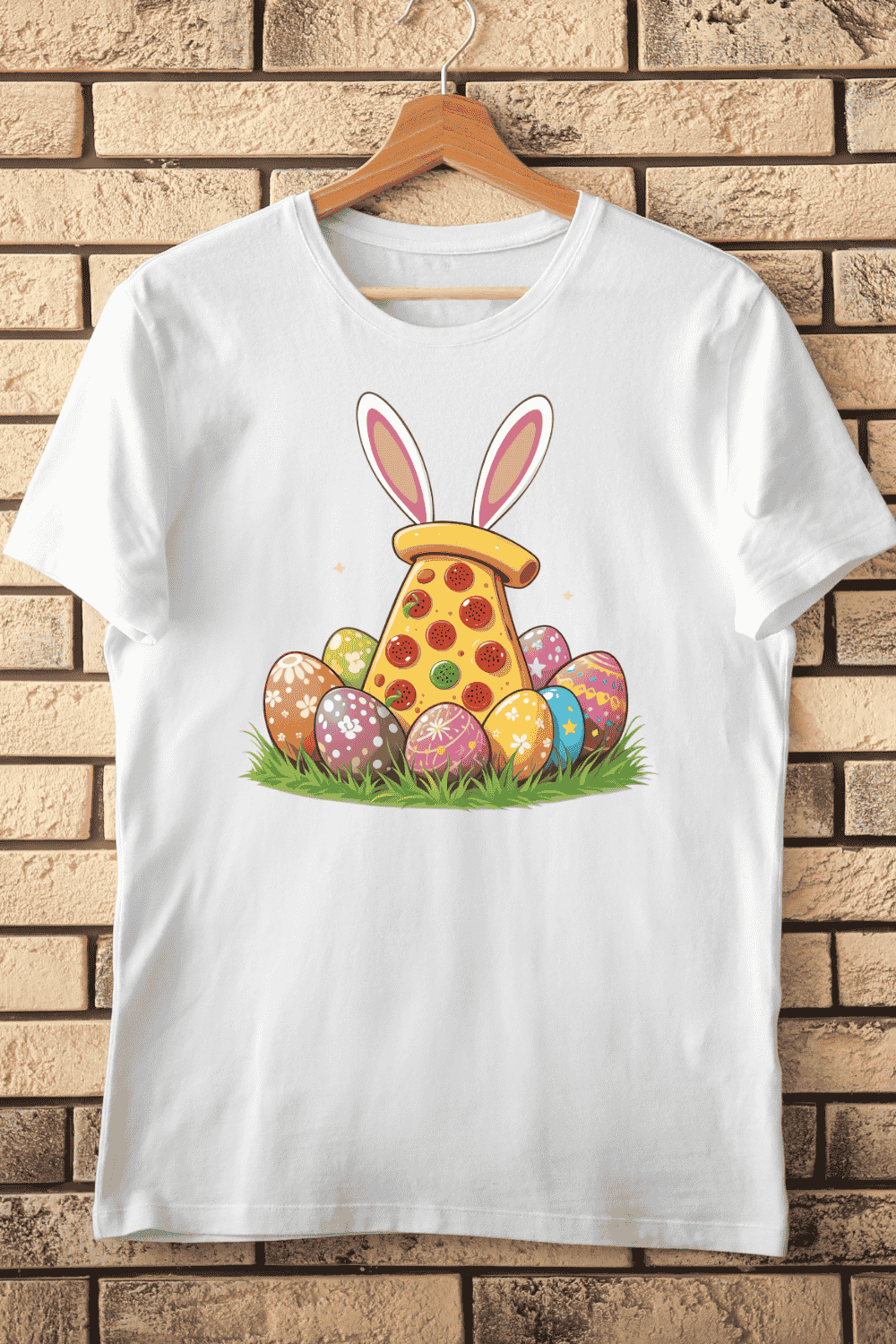 Pizza Slice with Bunny Ears T-Shirt Design pinterest preview image.