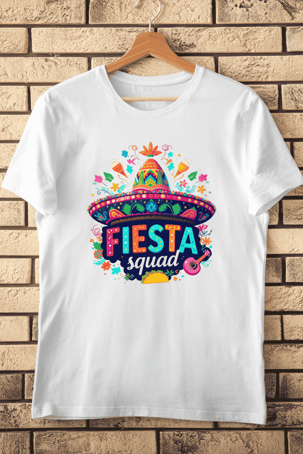 Colorful Fiesta Squad with Sombrero T-Shirt Design pinterest preview image.