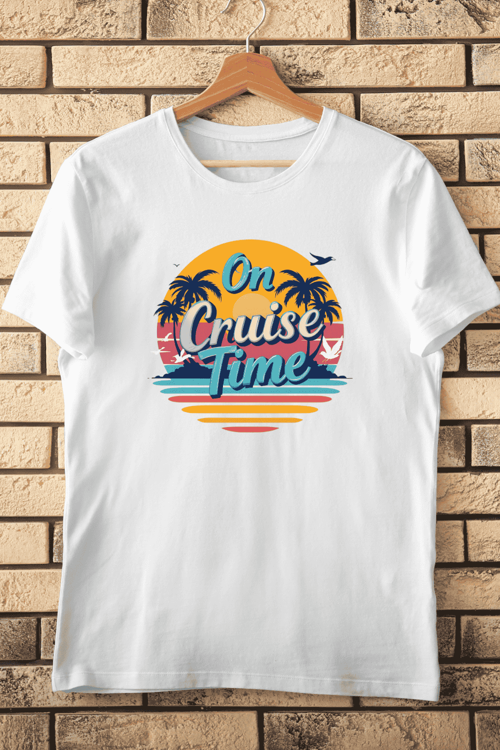 Cruise Time with Palm Trees and Sunset T-Shirt Design pinterest preview image.