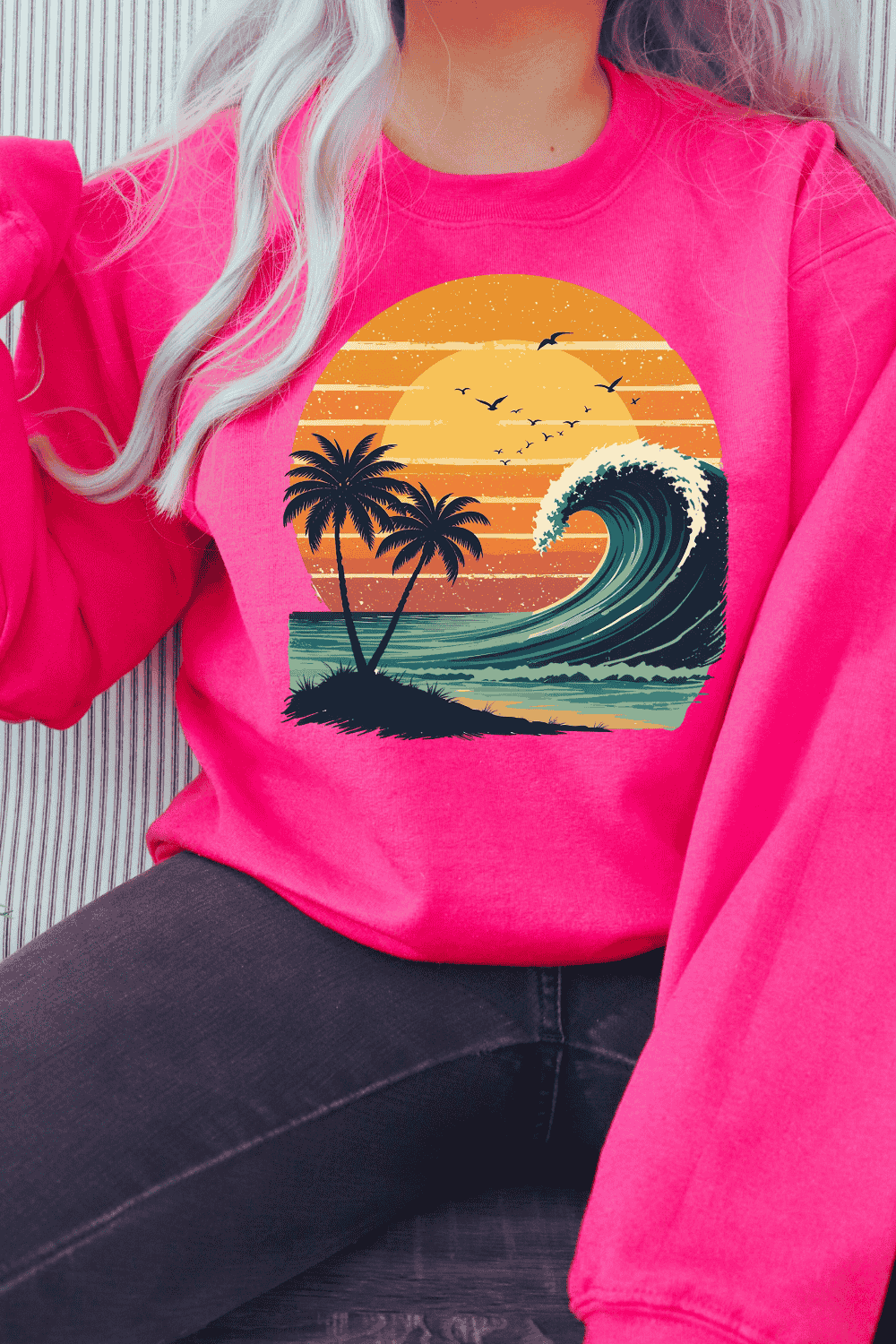 Sunset with Wave and Palms T-shirt Design pinterest preview image.