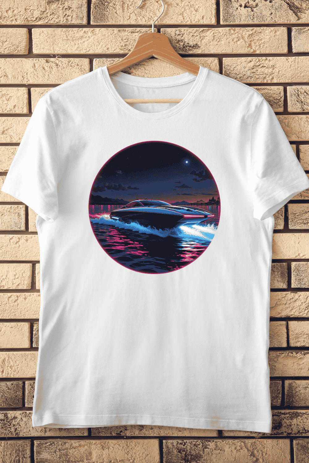 Neon Speedboat on Water with Abstract Lines T-Shirt Design pinterest preview image.