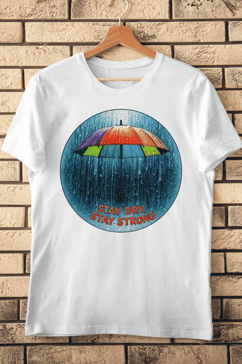 Colorful Umbrella in Rain Stay Strong Quote T-Shirt Design pinterest preview image.