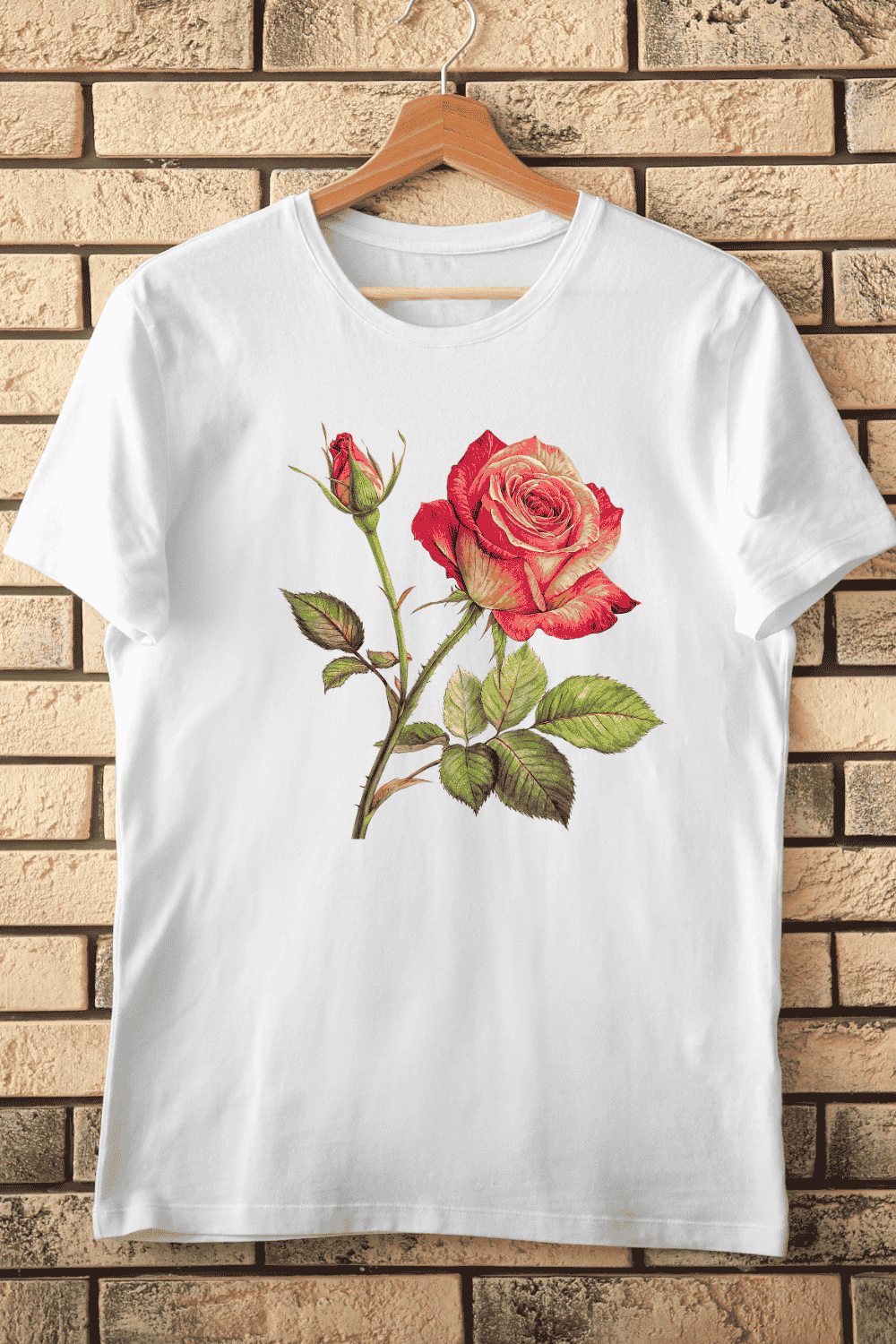 Botanical Rose with Bud T-Shirt Design pinterest preview image.