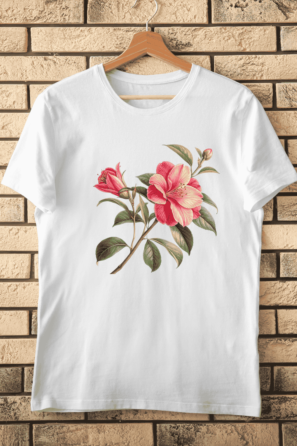 Pink Camellia T-Shirt Design pinterest preview image.