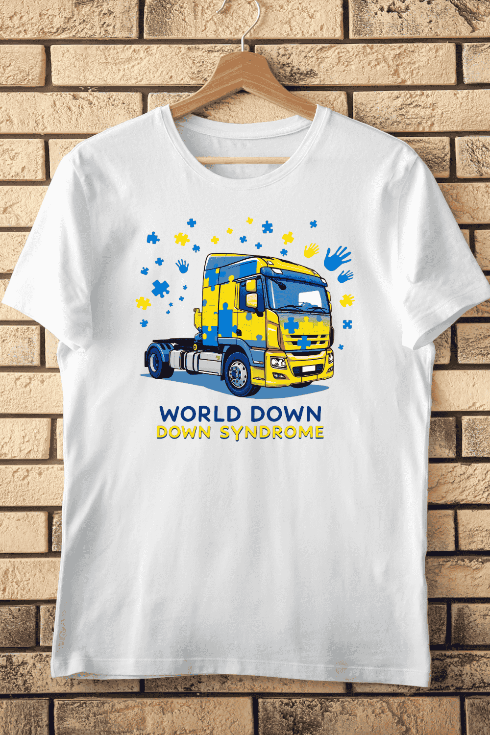 Down Syndrome Awareness with Puzzle Pieces and Truck T-Shirt Design pinterest preview image.