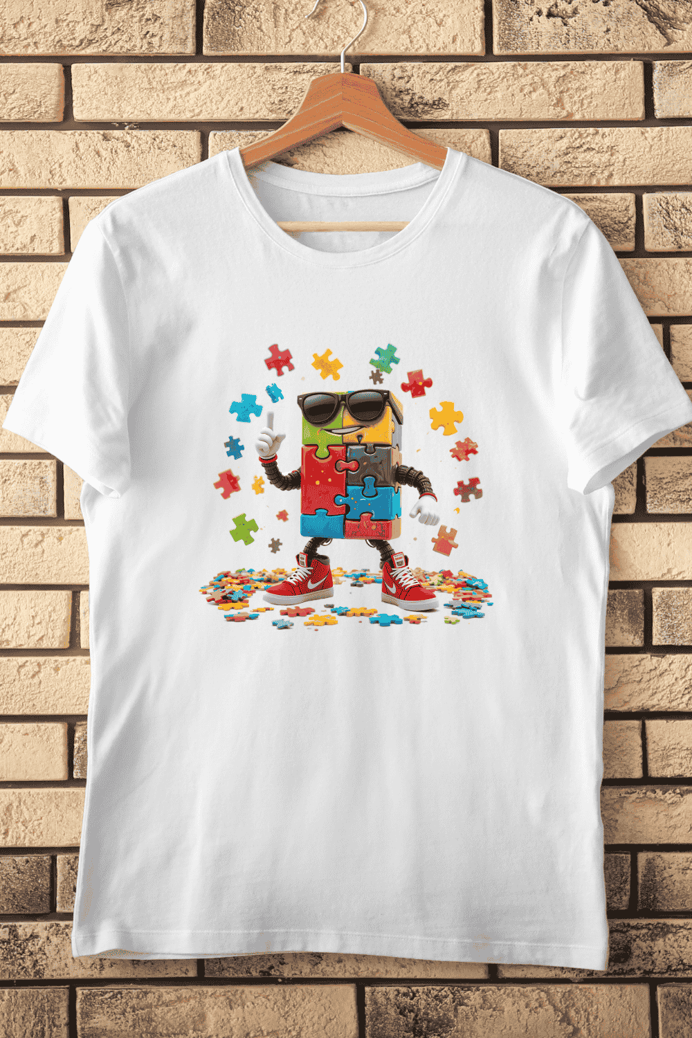 Colorful Jigsaw Character Art with Sneakers T-Shirt Design pinterest preview image.