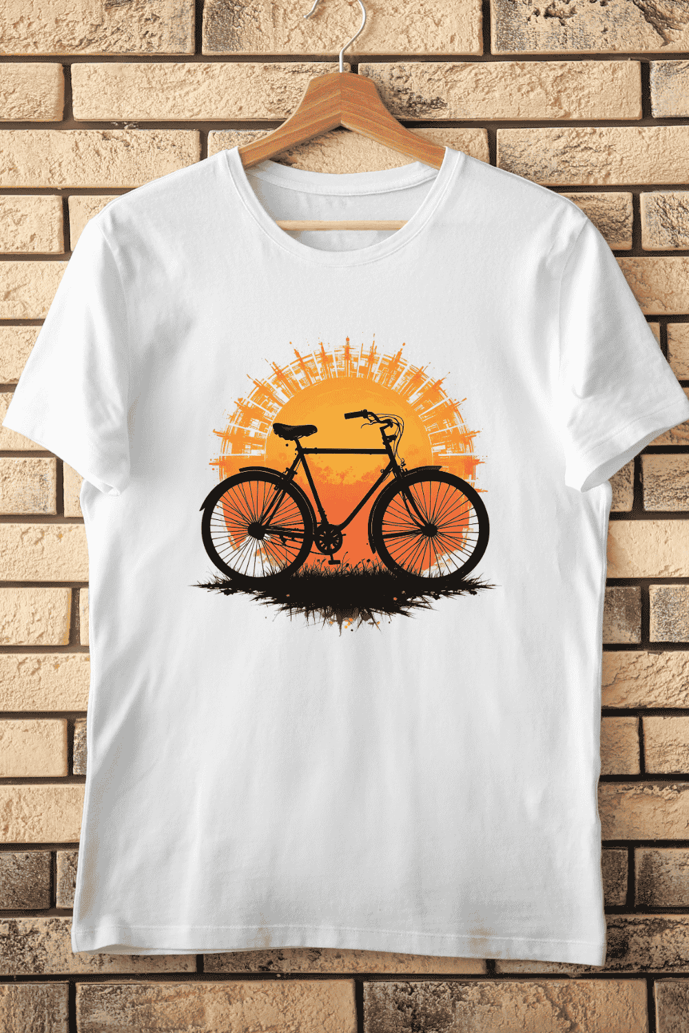 Bicycle Sunset Cityscape T-shirt Design pinterest preview image.